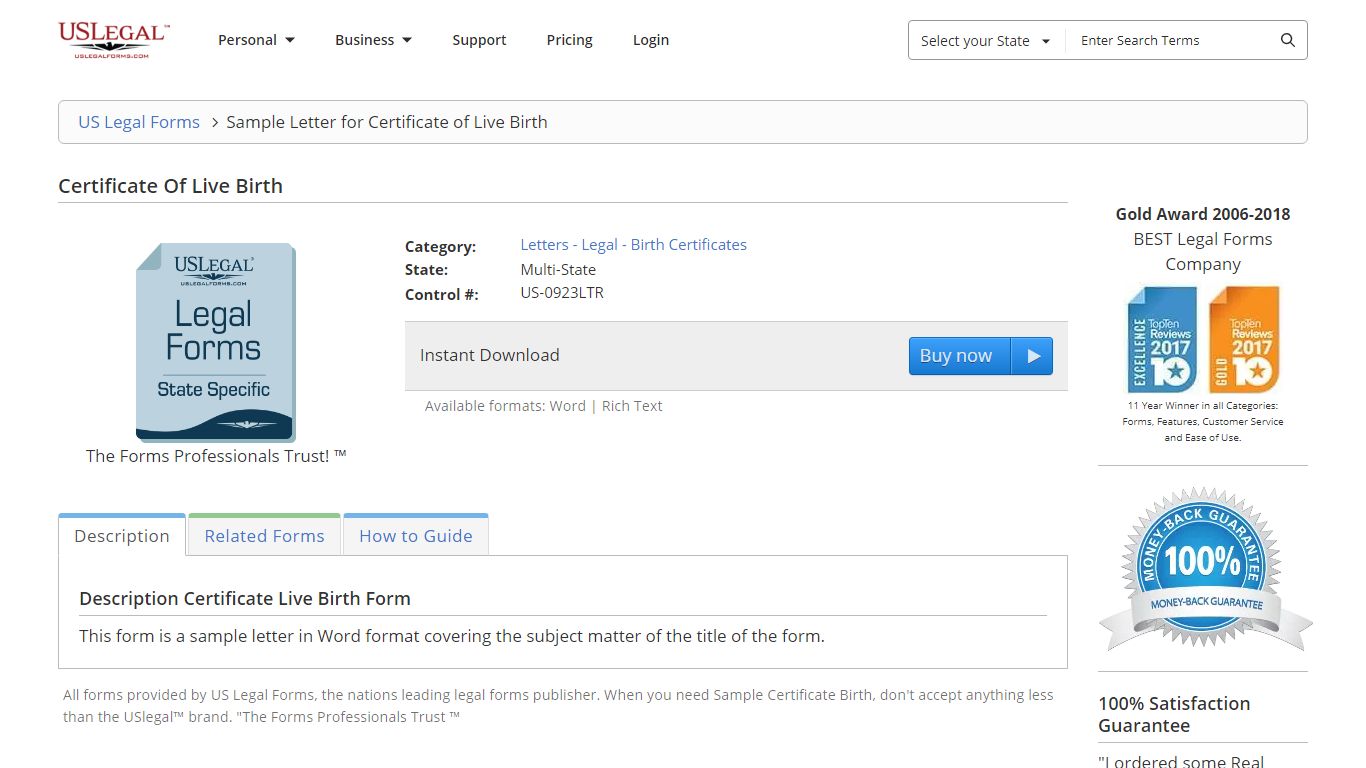 Certificate Of Live Birth | US Legal Forms